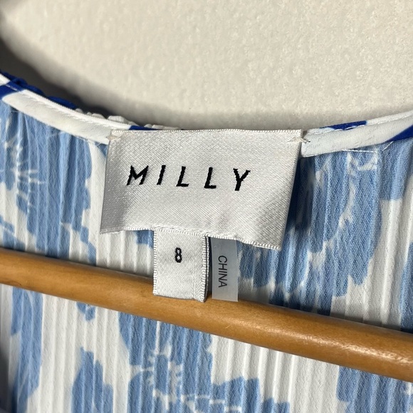 Milly Blue Liv Flowers of Spain Long Sleeve V Neck Pleated Mini Dress - Picture 12 of 13